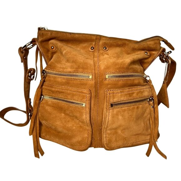 Sorial Tan Suede Crossbody Bag Zippered Pockets Adjustable Strap Boho Retro 70s - Picture 1 of 16